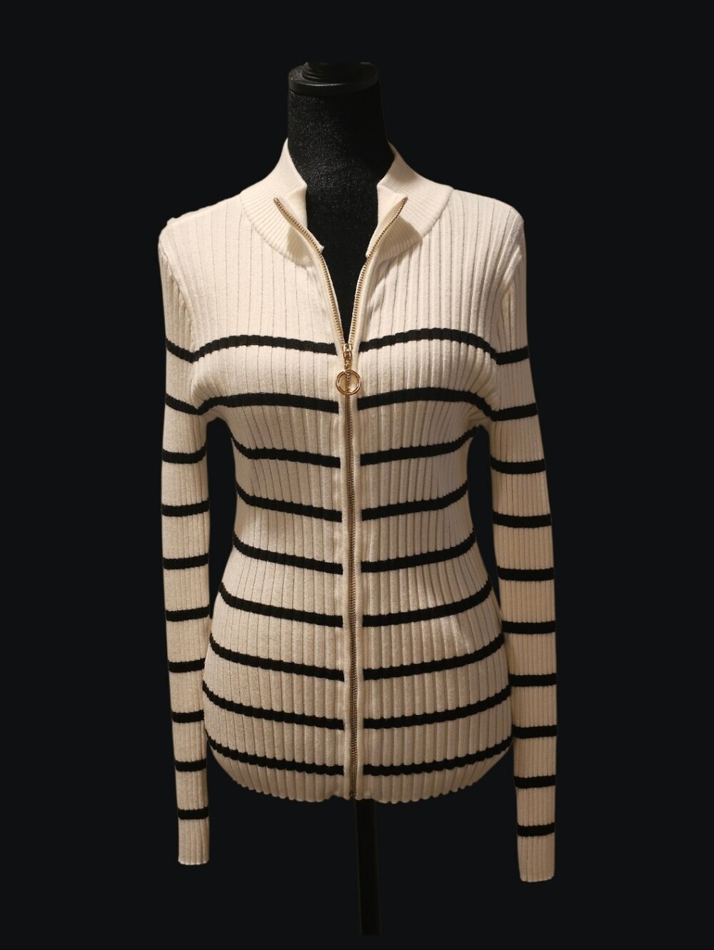 Belldini White Cardigan with Black Stripes And Gold Front Zipper